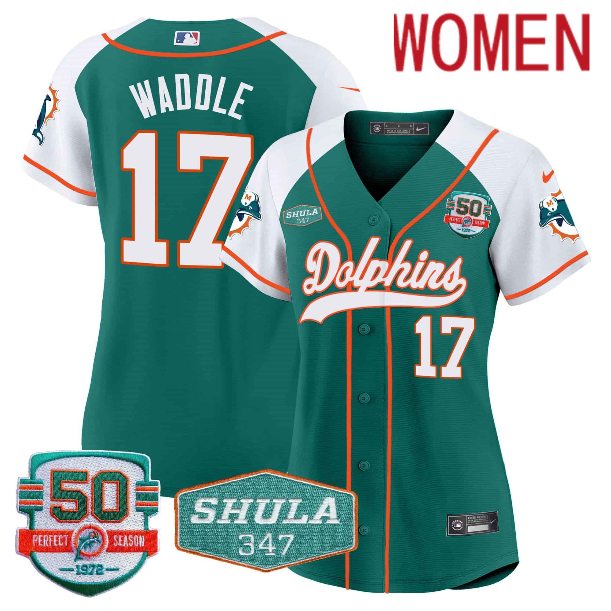 Women Miami Dolphins #17 Waddle Green 2024 Nike 50th Don Shula Memorial Patch Baseball NFL Jersey